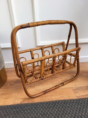 Italian Bohemian French Riviera Style Bamboo & Rattan Magazine Stand, 1960s-EUP-1325431