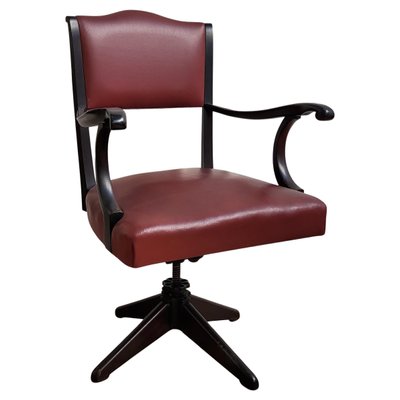 Italian Bordeaux Leather & Wood Open Arm Turning Chair-EUP-1292391