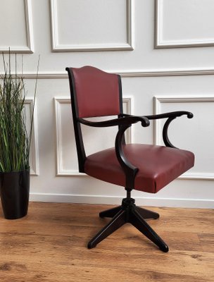 Italian Bordeaux Leather & Wood Open Arm Turning Chair-EUP-1292391