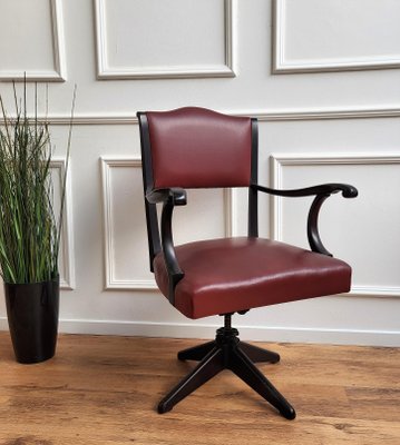 Italian Bordeaux Leather & Wood Open Arm Turning Chair-EUP-1292391