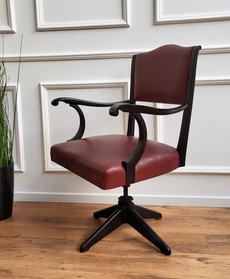 Italian Bordeaux Leather & Wood Open Arm Turning Chair-EUP-1292391