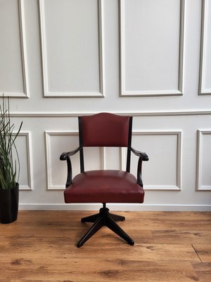 Italian Bordeaux Leather & Wood Open Arm Turning Chair-EUP-1292391