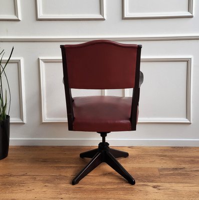 Italian Bordeaux Leather & Wood Open Arm Turning Chair-EUP-1292391