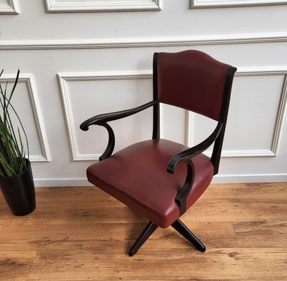 Italian Bordeaux Leather & Wood Open Arm Turning Chair-EUP-1292391