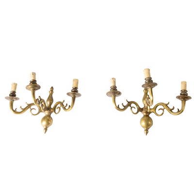 Italian Brass 3-Light Wall Lamps, 1950s, Set of 2-RAQ-370226