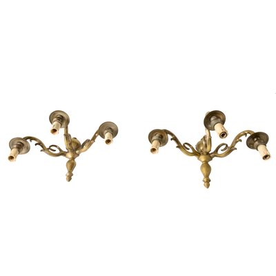 Italian Brass 3-Light Wall Lamps, 1950s, Set of 2-RAQ-370226