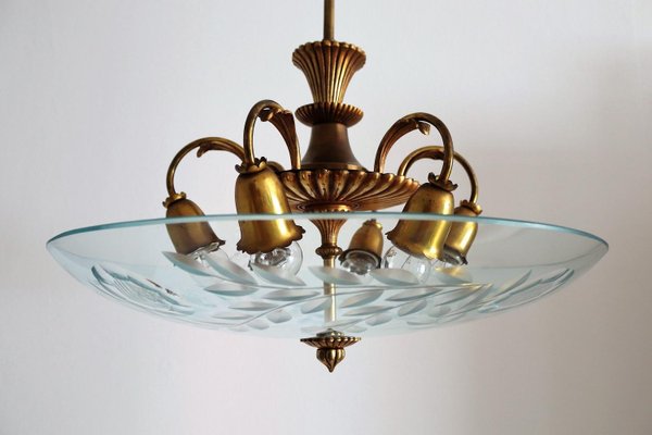 Italian Brass and Crystal Glass Chandelier, 1950s-VNE-965990