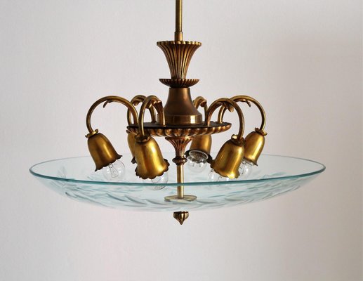 Italian Brass and Crystal Glass Chandelier, 1950s-VNE-965990