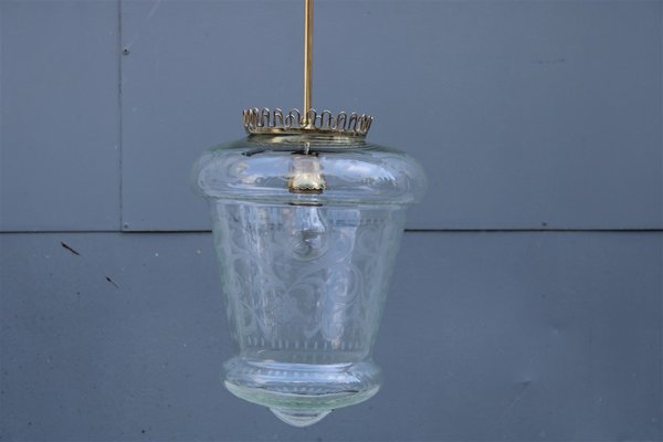 Italian Brass and Engraved Crystal Lantern Ceiling Lamp, 1950s-EH-675733