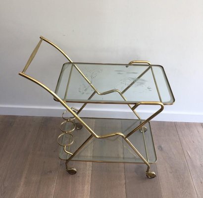 Italian Brass and Engraved Glass Drinks Trolley, 1950s-BA-658538