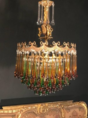 Italian Brass and Multicolored Teardrop Chandelier, 1930s-MBH-1032106