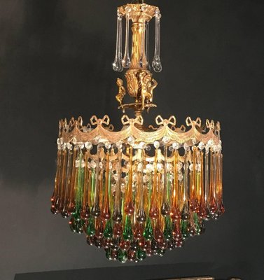 Italian Brass and Multicolored Teardrop Chandelier, 1930s-MBH-1032106