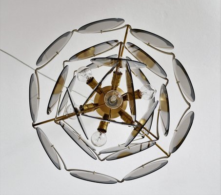 Italian Brass and Smoked Glass Chandelier by Vistosi, 1960s-VNE-1064259