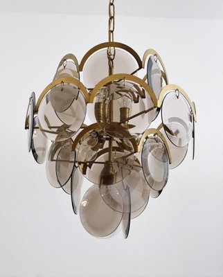 Italian Brass and Smoked Glass Chandelier by Vistosi, 1960s-VNE-1064259