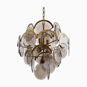 Italian Brass and Smoked Glass Chandelier by Vistosi, 1960s-VNE-1064259