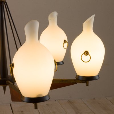 Italian Brass and Teak Chandelier with Vase-Shaped Opaline Glass Shades from Stilnovo, 1960s-UE-965653