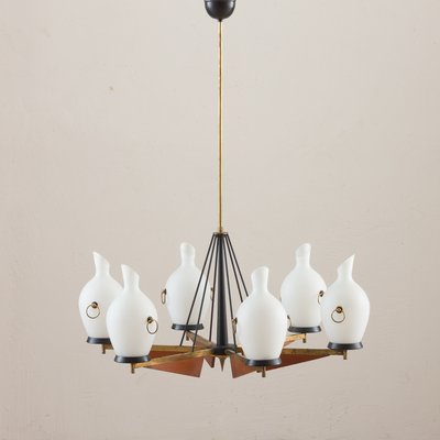 Italian Brass and Teak Chandelier with Vase-Shaped Opaline Glass Shades from Stilnovo, 1960s-UE-965653