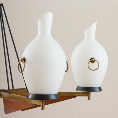 Italian Brass and Teak Chandelier with Vase-Shaped Opaline Glass Shades from Stilnovo, 1960s-UE-965653