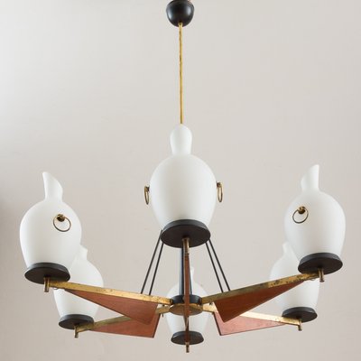 Italian Brass and Teak Chandelier with Vase-Shaped Opaline Glass Shades from Stilnovo, 1960s-UE-965653