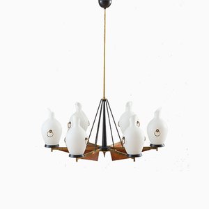 Italian Brass and Teak Chandelier with Vase-Shaped Opaline Glass Shades from Stilnovo, 1960s-UE-965653