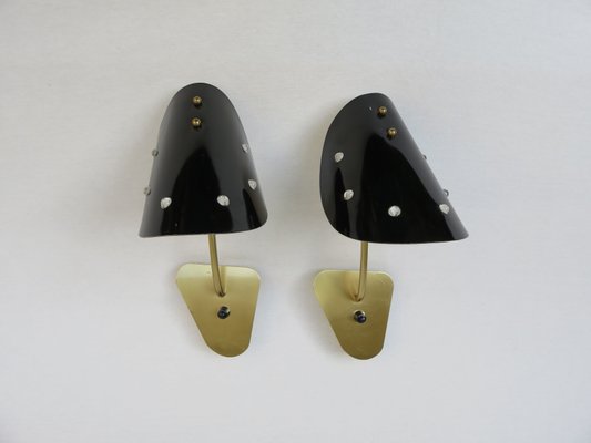 Italian Brass, Black Lacquered Aluminum and Glass Bead Sconces, 1950s, Set of 2-EY-681693