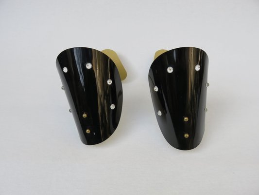 Italian Brass, Black Lacquered Aluminum and Glass Bead Sconces, 1950s, Set of 2-EY-681693