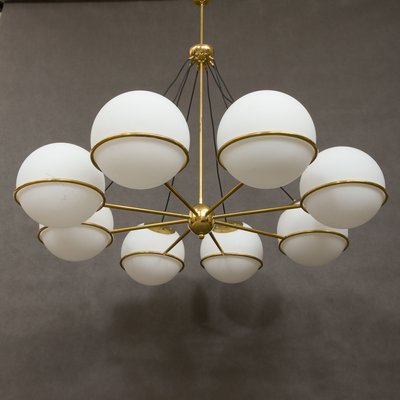 Italian Brass Chandelier with 8 Opaline Glass Globes in the Style of Gino Sarfatti-UE-1145851