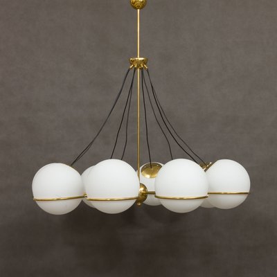 Italian Brass Chandelier with 8 Opaline Glass Globes in the Style of Gino Sarfatti-UE-1145851