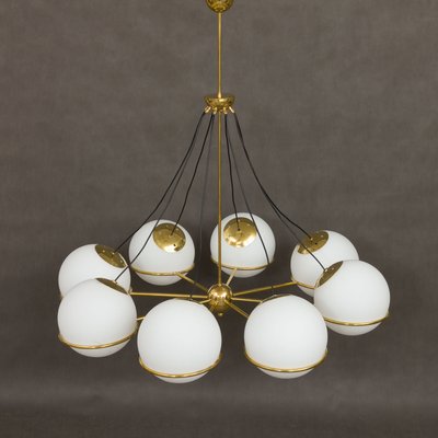 Italian Brass Chandelier with 8 Opaline Glass Globes in the Style of Gino Sarfatti-UE-1145851