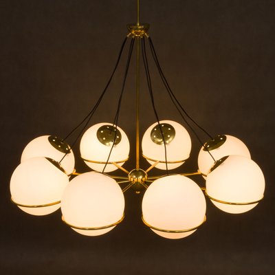 Italian Brass Chandelier with 8 Opaline Glass Globes in the Style of Gino Sarfatti-UE-1145851