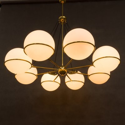 Italian Brass Chandelier with 8 Opaline Glass Globes in the Style of Gino Sarfatti-UE-1145851