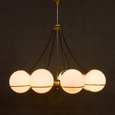 Italian Brass Chandelier with 8 Opaline Glass Globes in the Style of Gino Sarfatti-UE-1145851