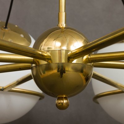 Italian Brass Chandelier with 8 Opaline Glass Globes in the Style of Gino Sarfatti-UE-1145851