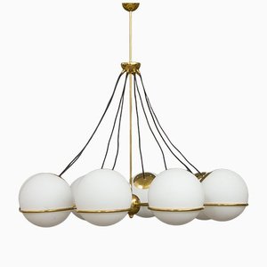 Italian Brass Chandelier with 8 Opaline Glass Globes in the Style of Gino Sarfatti-UE-1145851