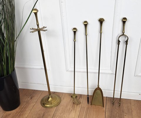 Italian Brass Fireplace Fire Tools with Stand, 1980s, Set of 5-EUP-1804856