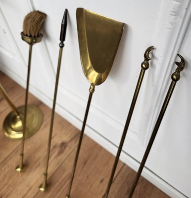 Italian Brass Fireplace Fire Tools with Stand, 1980s, Set of 5-EUP-1804856