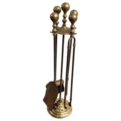 Italian Brass Fireplace Tool Set with Stand, 1980s, Set of 5-EUP-1403539