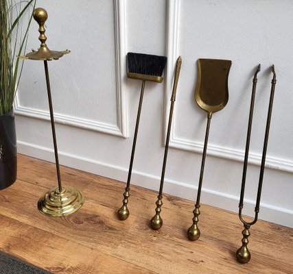 Italian Brass Fireplace Tool Set with Stand, 1980s, Set of 5-EUP-1403539