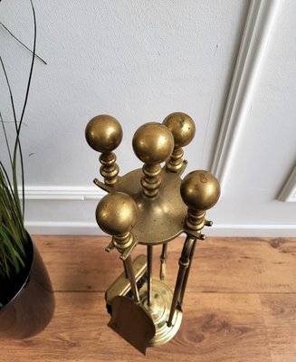 Italian Brass Fireplace Tool Set with Stand, 1980s, Set of 5-EUP-1403539