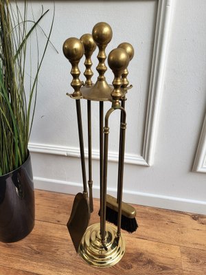 Italian Brass Fireplace Tool Set with Stand, 1980s, Set of 5-EUP-1403539