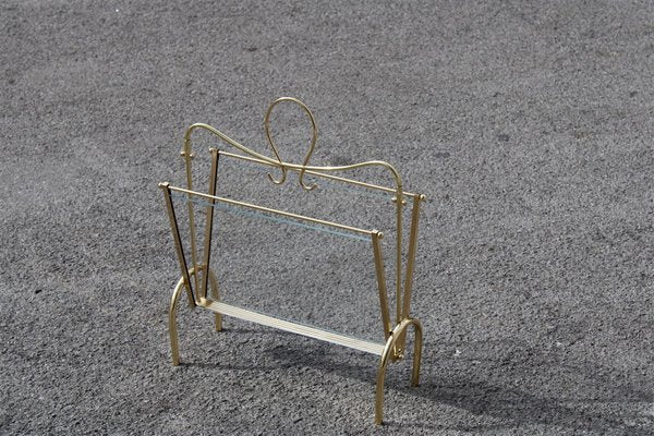 Italian Brass Magazine Rack with Transparent Glass, 1950s-EH-838010