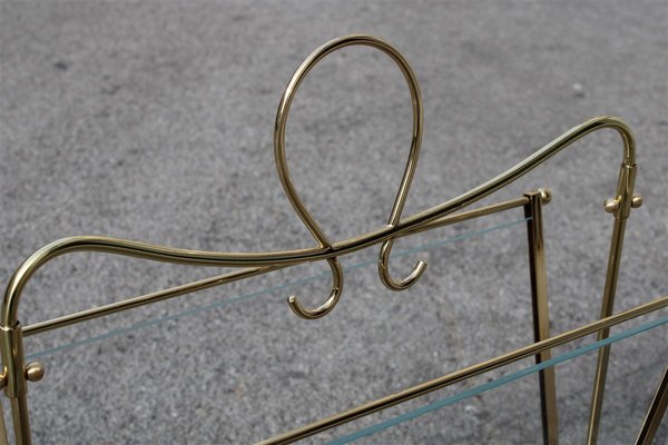 Italian Brass Magazine Rack with Transparent Glass, 1950s-EH-838010