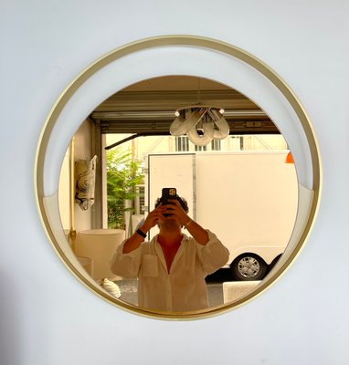 Italian Brass Round Mirror Gold Tinted Glass attributed to Modernindustria. 1970s-FUE-1398881