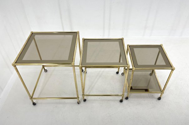 Italian Brass & Smoked Glass Nesting Tables, Set of 3-TZ-1433136