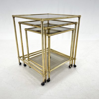 Italian Brass & Smoked Glass Nesting Tables, Set of 3-TZ-1433136