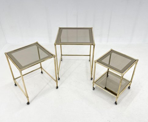 Italian Brass & Smoked Glass Nesting Tables, Set of 3-TZ-1433136