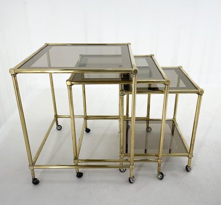 Italian Brass & Smoked Glass Nesting Tables, Set of 3-TZ-1433136