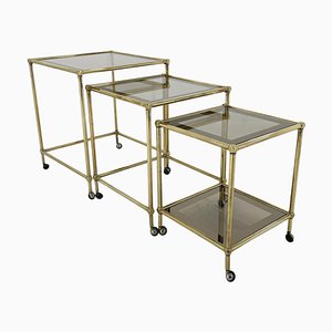 Italian Brass & Smoked Glass Nesting Tables, Set of 3-TZ-1433136