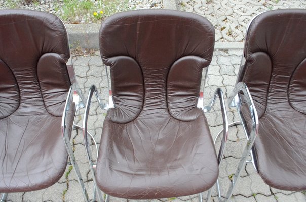 Italian Brown Leather and Chrome Dining Chairs from Cidue, 1960s, Set of 6-UF-1374404