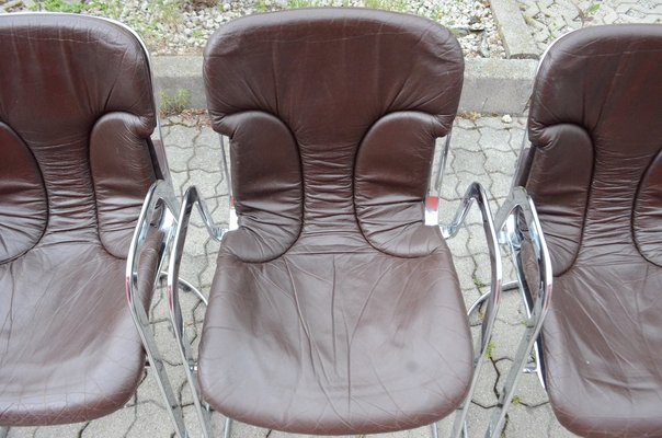 Italian Brown Leather and Chrome Dining Chairs from Cidue, 1960s, Set of 6-UF-1374404